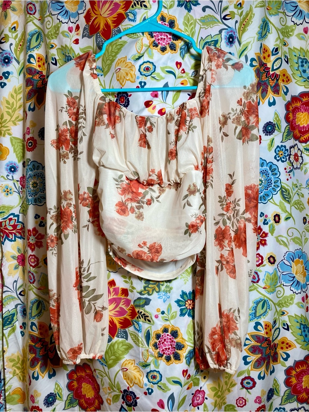 SHEIN Cream Floral Off-Shoulder Blouse with Coral Blooms Size L